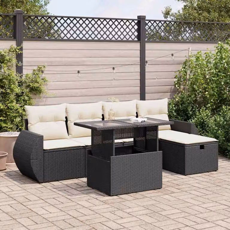 Set Divano da Giardino vidaXL 6 pz in Polyrattan Nero con Cuscini