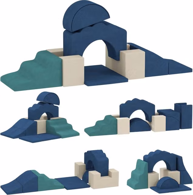 Set 7 Costruzioni Morbide per Bambini da 0,5-3 Anni con Base Antiscivolo in Schiuma e Velluto Blu