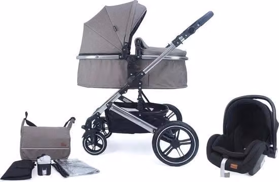 Set 3 in 1 Universale per Carriolo con Culla, Sedile Sportivo e Seggiolino Auto, Ripiegabile e con Sospensioni, Grigio