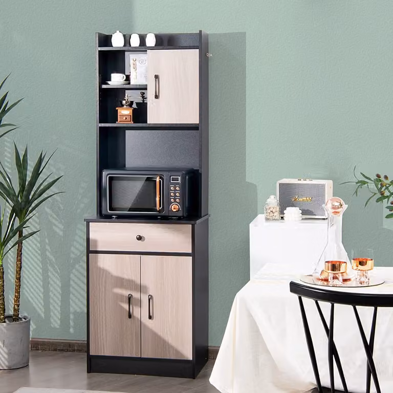 COSTWAY Armadio da cucina in legno da 180 cm con cassetto, ripiani regolabili e foro per cavi, ampio spazio aperto per microonde, a libera installazione, 60 x 40 x 180 cm (nero)