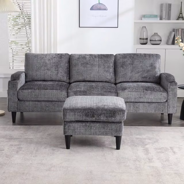 Divano modulare MIVRAY a 4 posti in tessuto grigio con pouf contenitore, portabicchieri e tasche laterali L: 196.5 cm, P: 77 cm, H: 75 cm