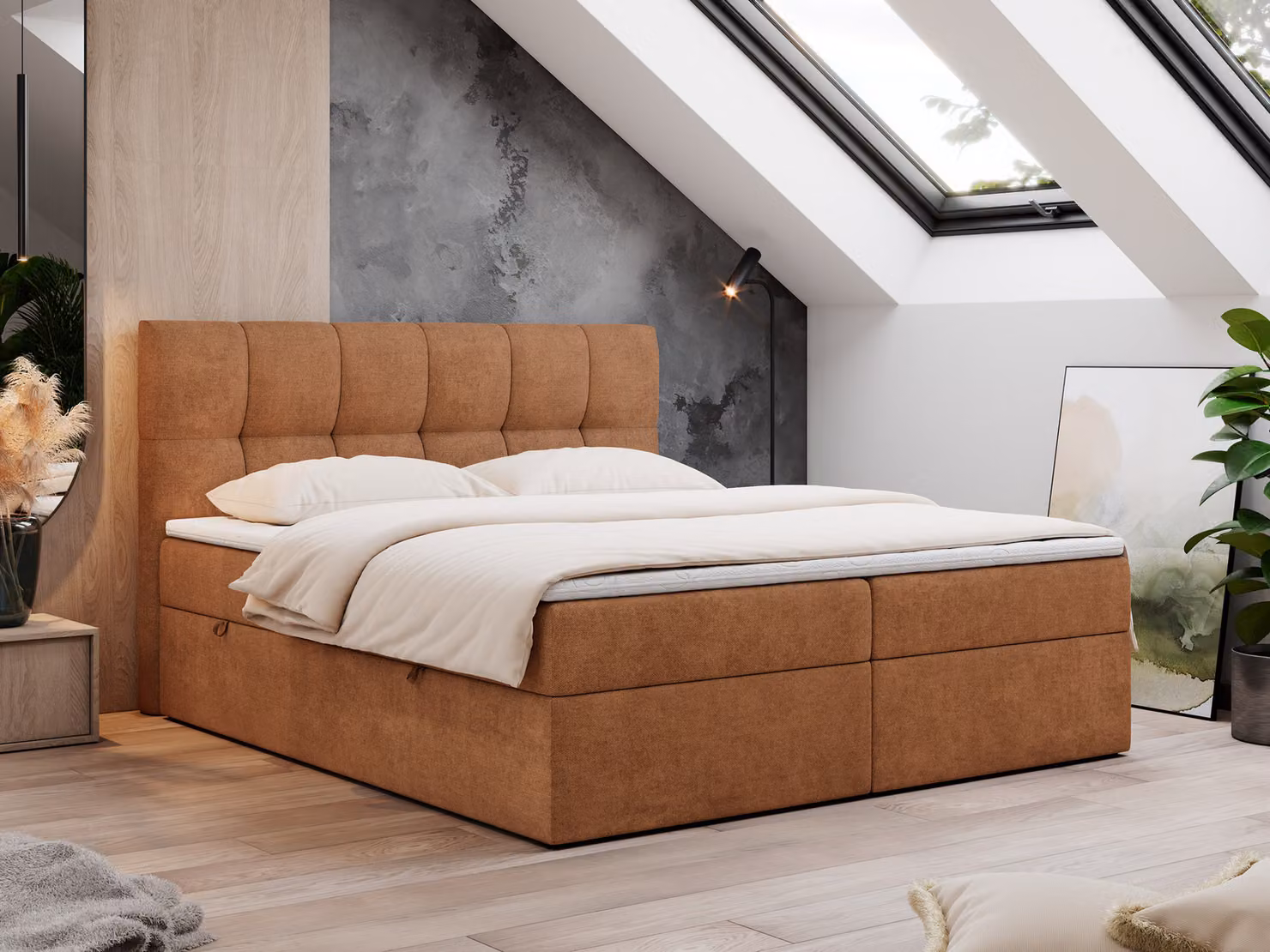 Letto boxspring 200x200 con contenitore, letto con molle insacchettate - Materasso H4 Topper, letto imbottito 200x200 con contenitore e testiera, letto boxspring con materasso H4 - RICO - 200x200 - Arancione - Struttura - H4