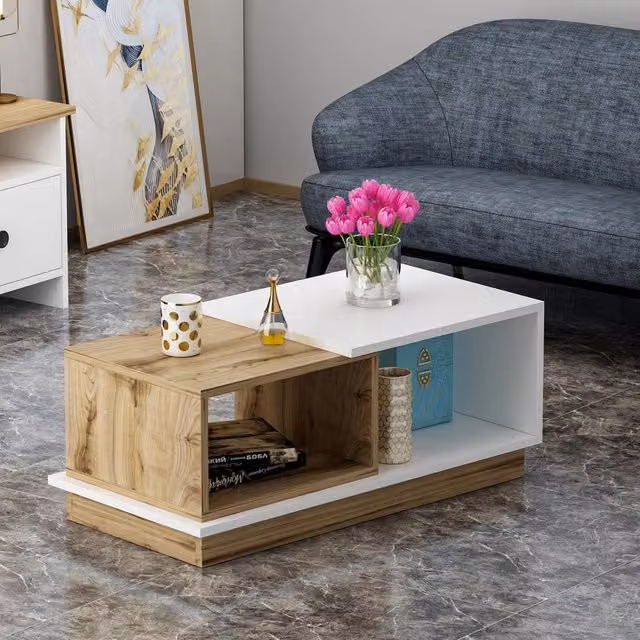 Tavolino da salotto moderno DMORA Ruino in legno color rovere e bianco, L 90 cm x P 45 cm x H 36 cm
