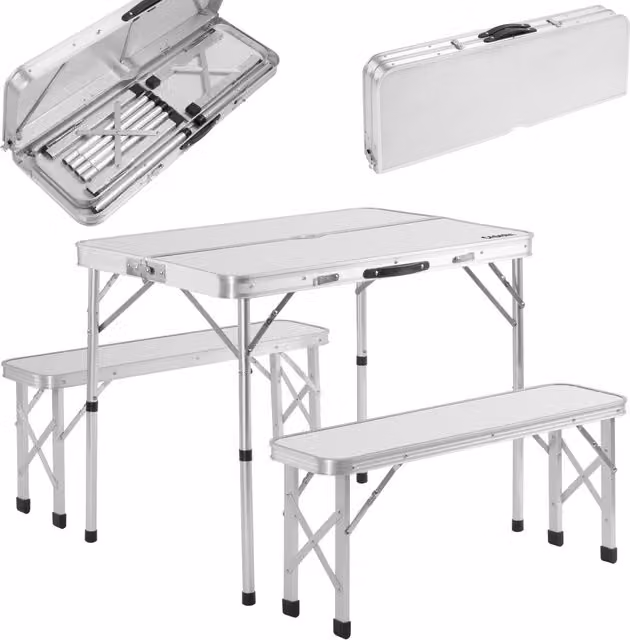 Set da campeggio Casaria con tavolo pieghevole e 2 panche in alluminio argento e bianco L/P/H: 120 x 70 x 70 cm