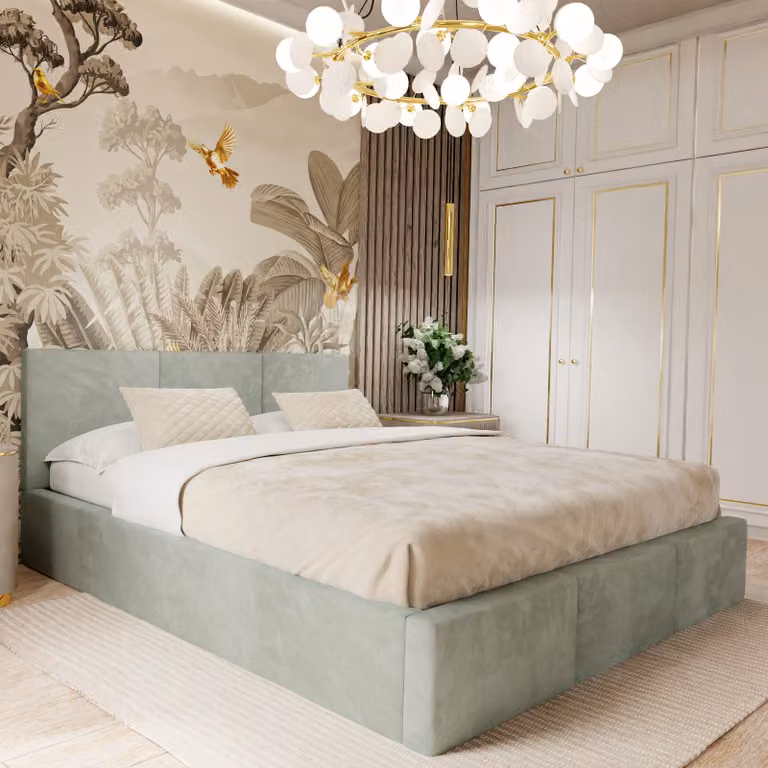 Muralo Letto imbottito per camera da letto Letto imbottito con rete e molla a gas Letto con testiera imbottita Letto matrimoniale 180x200 Letto con contenitore Menta