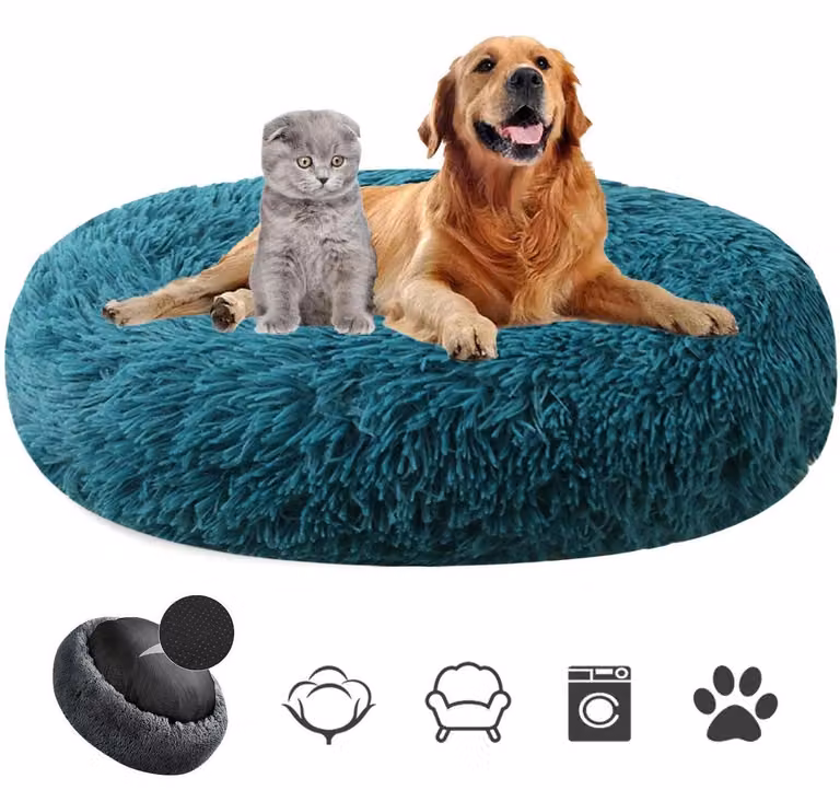 Cuccia per cani, peluche, rotonda, lavabile, antiscivolo, per animali domestici, colore ciano, diametro 60 cm
