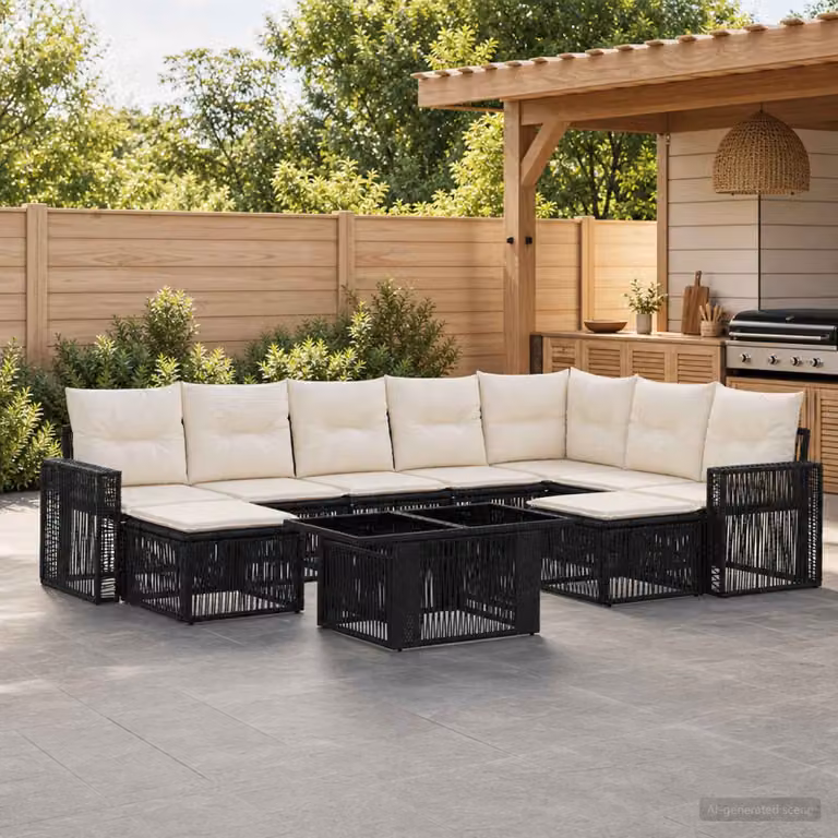 Set Divano da Giardino vidaXL 10 Pezzi in Polyrattan Nero e Bianco Crema con Cuscini e Tavolino da Esterno