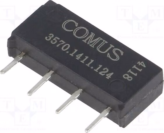 1 relè: Bobina Reed da 10W, contatto unipolare (US), 12VDC, 500mA max, 200VDC. Montaggio su circuito stampato (THT). Codice prodotto: 3570.1411.124. Produttore: Elektromag