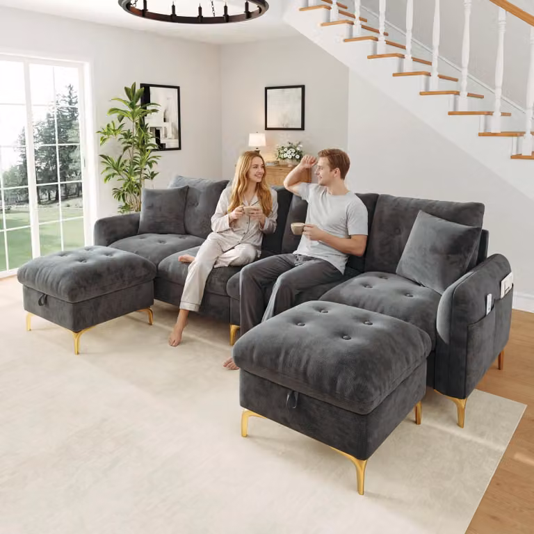 Divano letto Flieks con poggiapiedi contenitore, divano con cuscini decorativi, divano a forma di "U" a 4 posti, dimensioni 263x137x85 cm, colore grigio, tessuto chenille