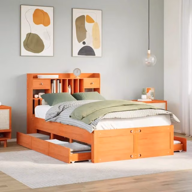 Letto Libreria senza Materasso Marrone Cera 135x190 cm in Pino 3308977