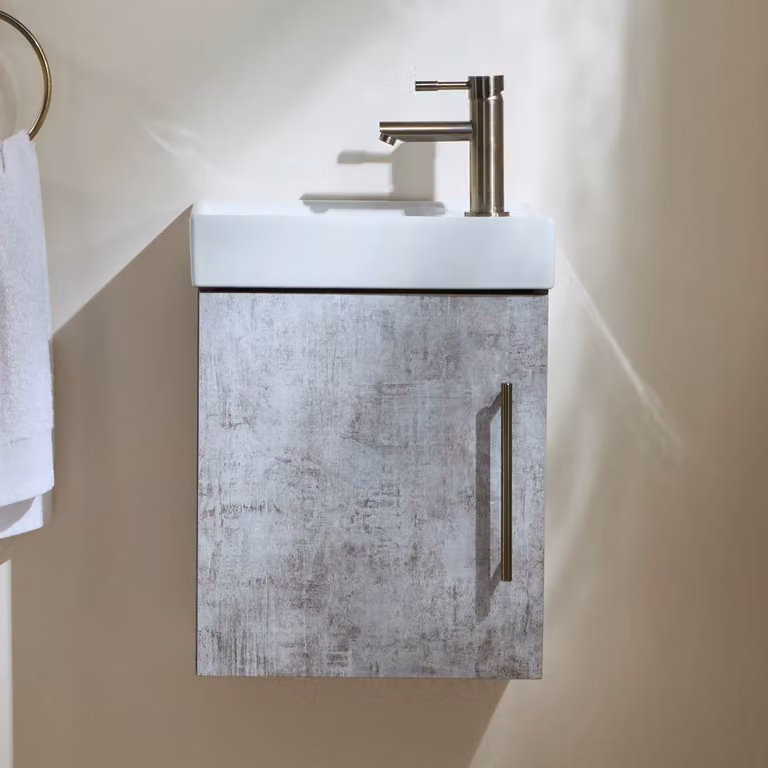 Mobile Bagno Grigio Cemento Sospeso da 400mm con Lavabo e Maniglia con Barra a T in Ottone Spazzolato - Cluo