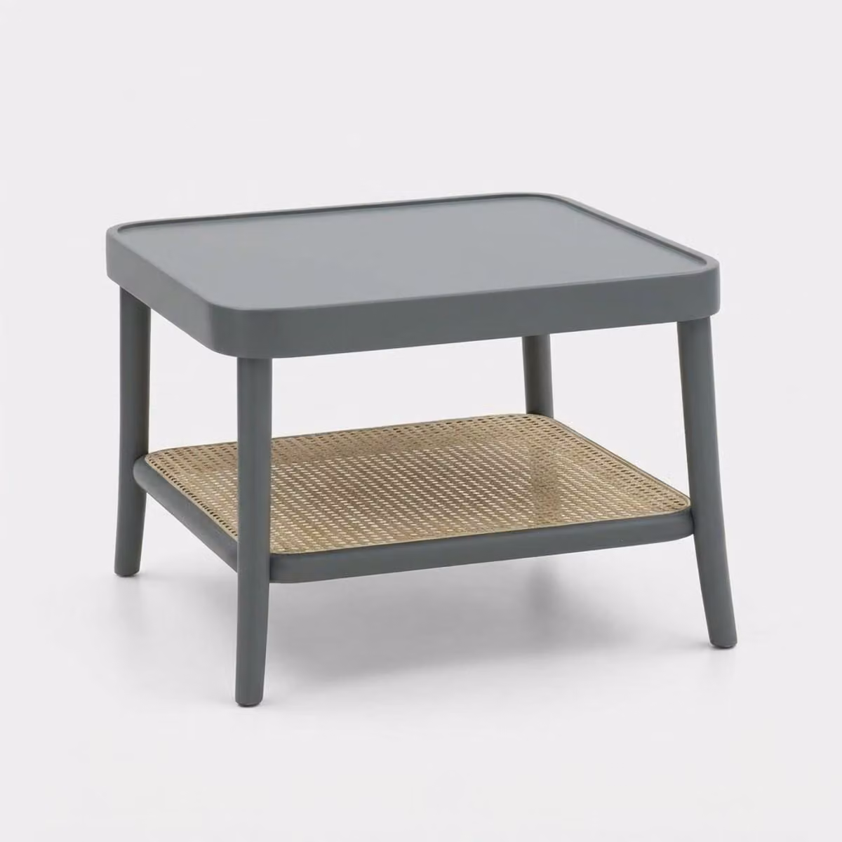 Tavolino quadrato in legno laccato con ripiano in vimini viennese Thomas - Grigio