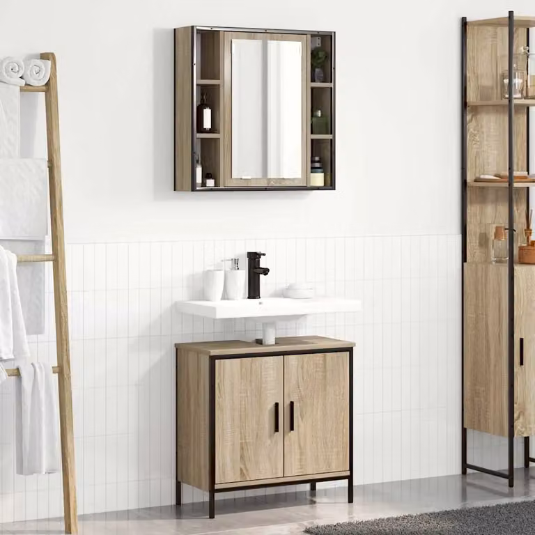 vidaXL Set di mobili per il bagno moderno in 2 pezzi marrone con armadietto a specchio e mobile lavabo L/P/H: 60 x 30 x 60 cm