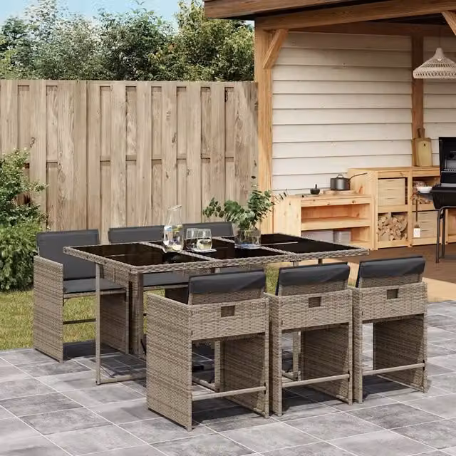 Set da pranzo da giardino vidaXL in polyrattan e vetro con 7 pezzi e cuscini, colore grigio e nero