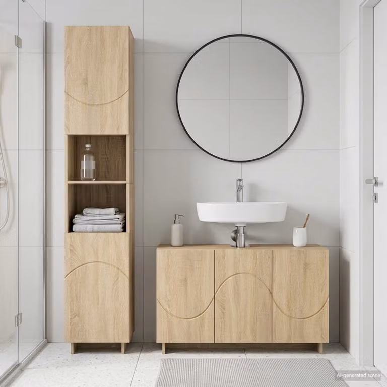 Set di mobili da bagno vidaXL composto da mobile lavabo e colonna alta in legno color rovere, L/P/H: 101,0 x 51,89 x 82,0 cm e 180,0 x 41,0 x 20,0 cm