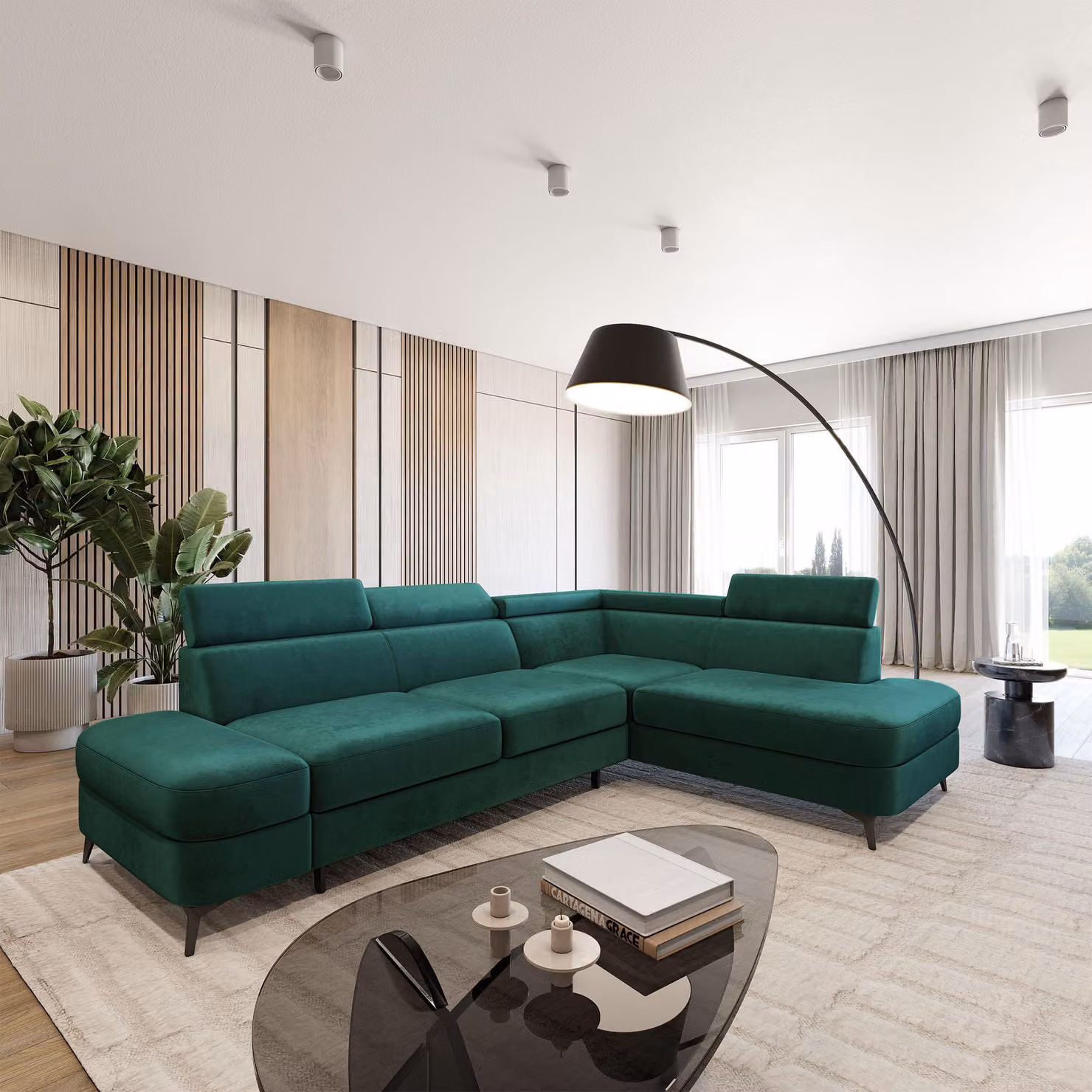 Divano ad angolo Masseno AVISE M R-S con funzione letto a L, divano con contenitore, divano da salotto, divano, divano letto, set divani - Verde, MONOLITH 37