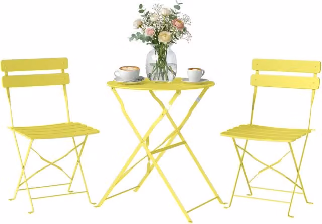 Set Bistrot Giardino 3 Pezzi Tavolo Pieghevole 2 Sedie Metallo Antiruggine Giallo ¨C Xylo