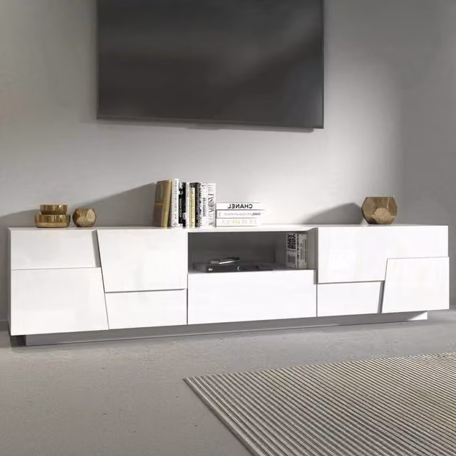Mobile porta TV Maestrale DMORA, Credenza bassa da soggiorno moderna con 4 ante e 1 cassetto, Bianco lucido, L: 220 cm, P: 44 cm, H: 46 cm