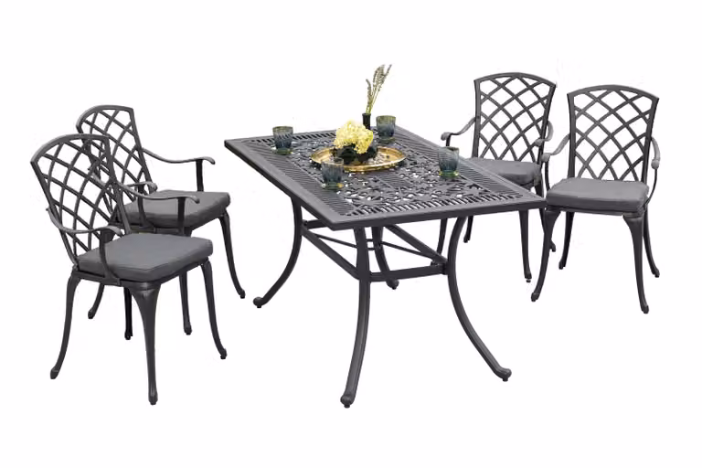 Set di mobili da giardino Merxx Rhodos 9 pezzi, 4 poltrone, 4 cuscini, 1 tavolo 140 x 80 cm - alluminio pressofuso