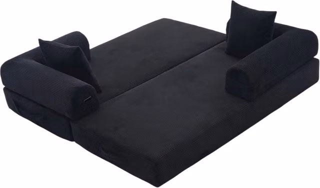 Divano modulare con struttura in metallo e rivestimento in tessuto, 200x94x67 cm, colore nero, con 3 cuscini e tasca laterale