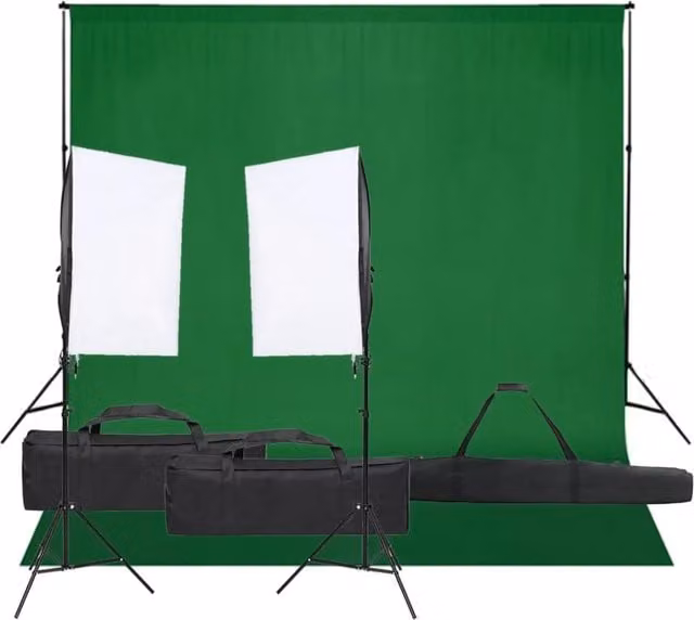 Kit per studio fotografico professionale con illuminazione LED e fondali in tessuto nero, bianco e verde
