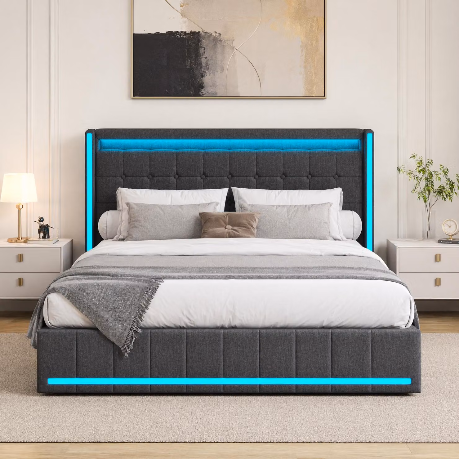UnboxG Letto imbottito 140x200cm con USB, letto contenitore letto matrimoniale con rete a doghe e 4 cassetti, letto per ragazzi con LED, letto in legno letto funzionale, biancheria, grigio