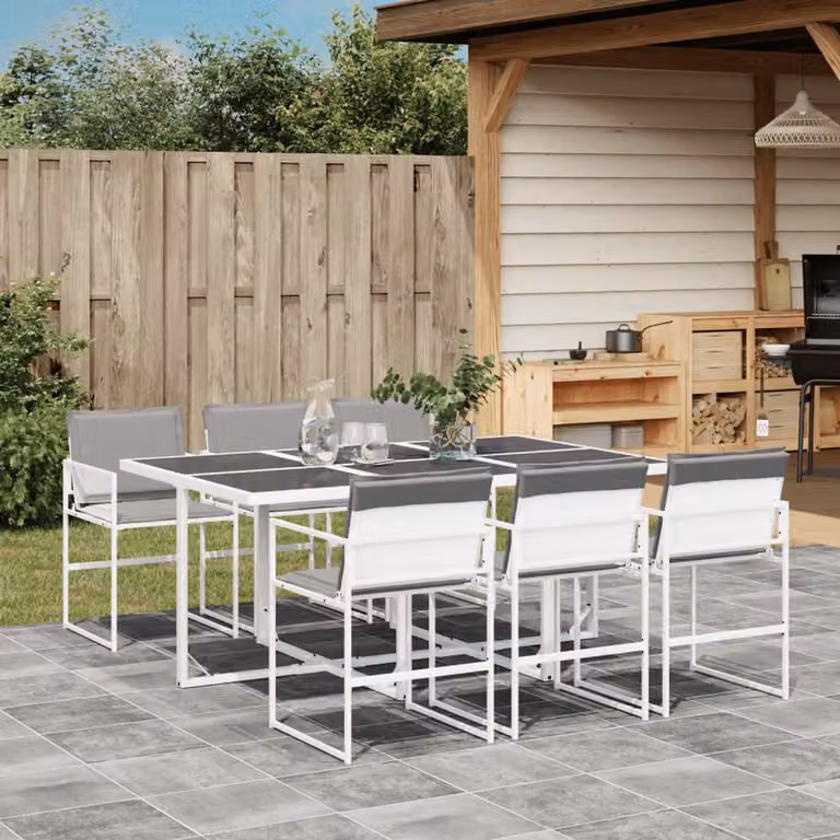 Set da Pranzo da Giardino vidaXL 7 pz in Acciaio Verniciato e Vetro Bianco e Grigio