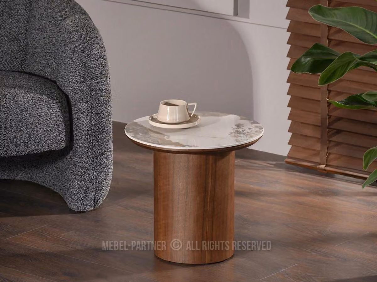 Tavolino rotondo NICANOR - marmo beige / noce