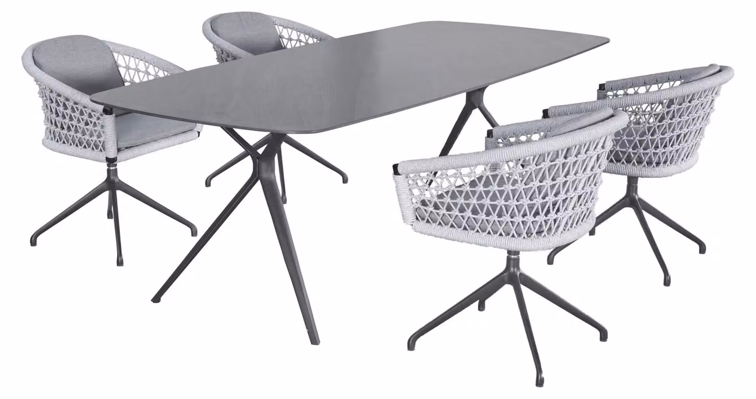 LC Garden «Bari» Set da giardino V 5 pezzi antracite/grigio chiaro Tavolo da pranzo 180x90 cm alluminio/pietra sinterizzata + 4 sedie da giardino girevoli Rope Set da giardino