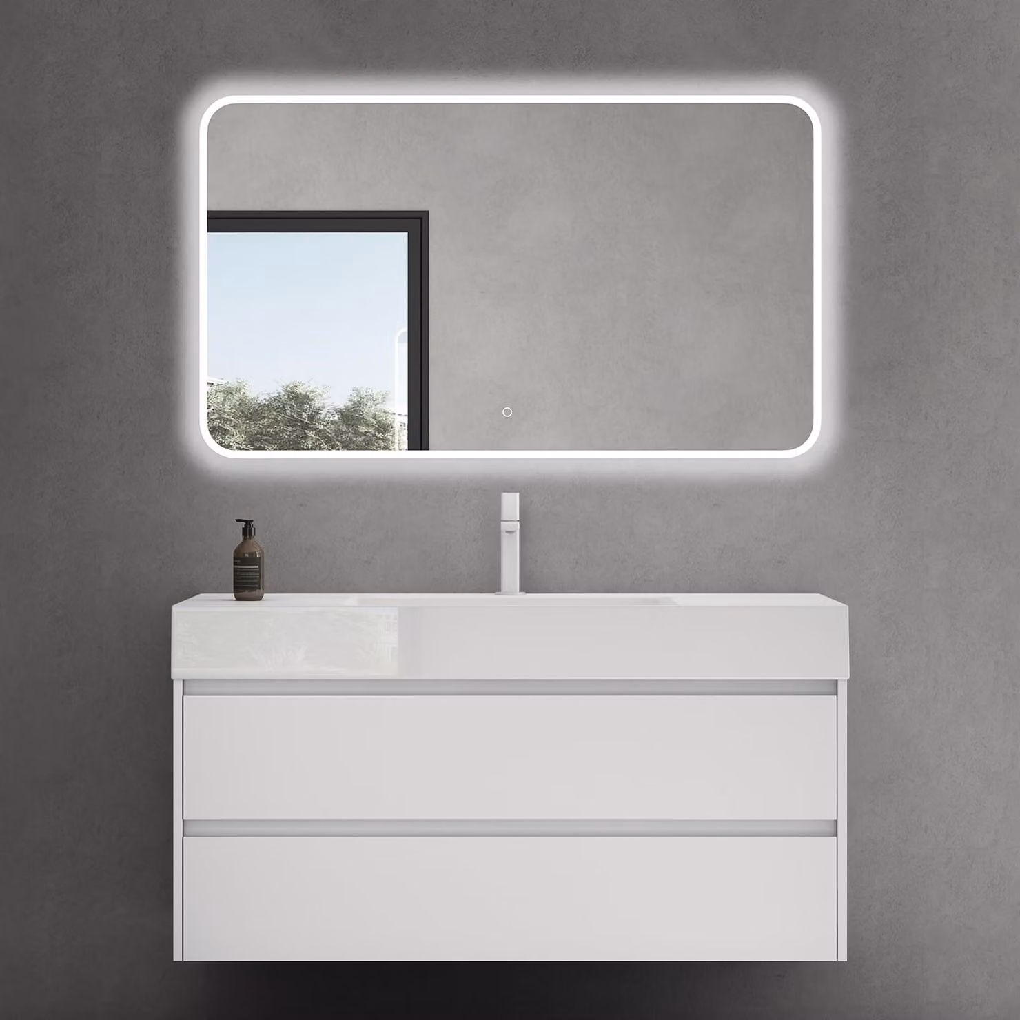 doporro Mobile Bagno Sospeso Set Mobili con Lavabo Integrato e Specchio LED, Mobile Sottolavabo 120 cm Bianco Opaco, Include Lavandino Bianco in Marmoresina e 2 Cassetti Soft Close Seria Aqualis