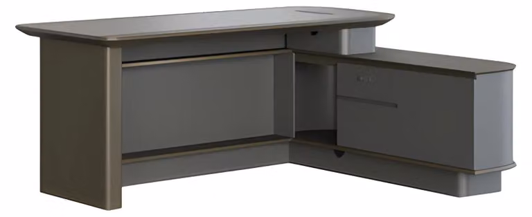 Schreibtisch Chefzimmer Modern Grau Schwarz Winkel Stauraum Kabelkanäle Elegant