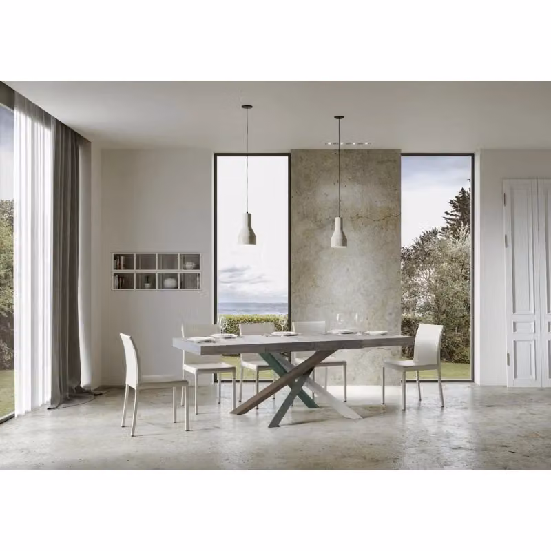 Tavolo allungabile Volantis Premium ITAMOBY con telaio a X in metallo, finitura cemento grigio e multicolore, L: 120/380 cm, P: 90 cm – 2
