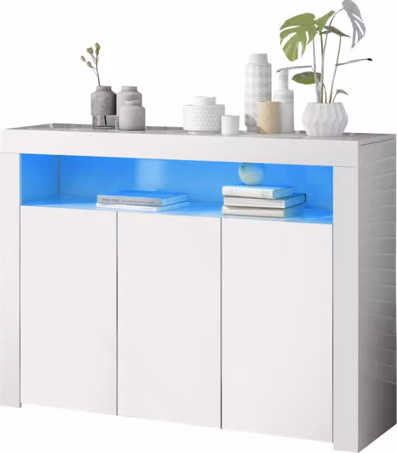 Madia Chicfurn moderna con 3 ante e 2 vani aperti con illuminazione LED gestibile da app, finitura bianca lucida, L: 130 cm, P: 35 cm, H: 95 cm