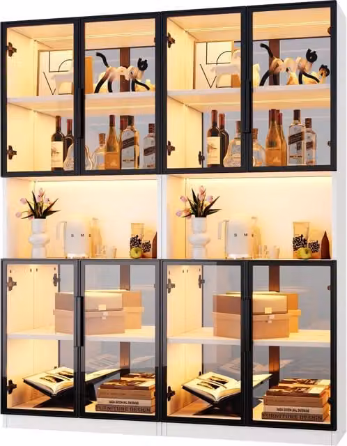 Vetrina con LED e schienale a specchio, ante in vetro grigio, per soggiorno e cucina, MDF bianco, 140 × 30 × 170 cm