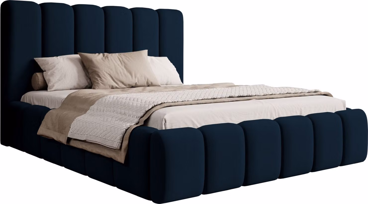 Selsey Biscottino - Letto imbottito 180x200 con contenitore, rete a doghe, rivestimento in velluto, blu scuro