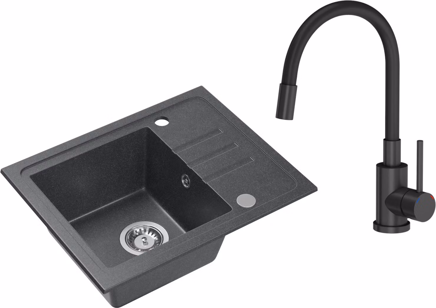 VBChome Lavello in granito nero con rubinetteria 55 x 44 cm Lavello da incasso a vasca singola Macchiettato Reversibile Lavello in granito Sifone Rubinetteria per lavabo