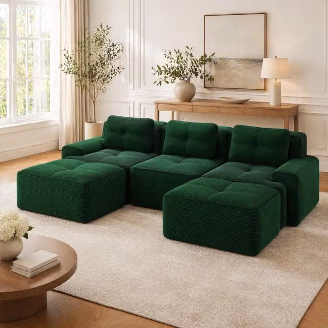 Divano modulare a U 293x177x69 cm in tessuto verde, senza montaggio, per soggiorni –