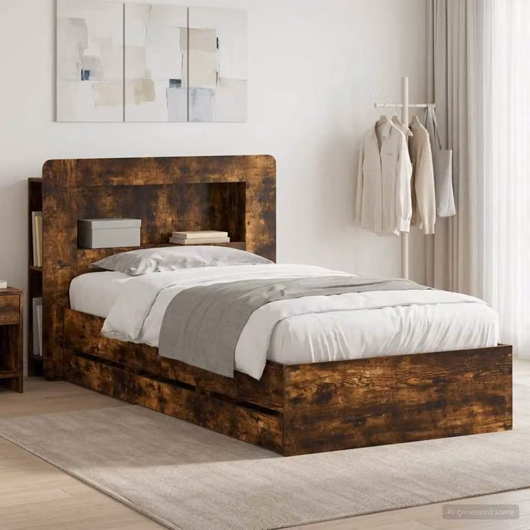 Struttura letto con contenitore e testata vidaXL in legno Rovere Fumo L 140 x P 200 x H 119,5 cm