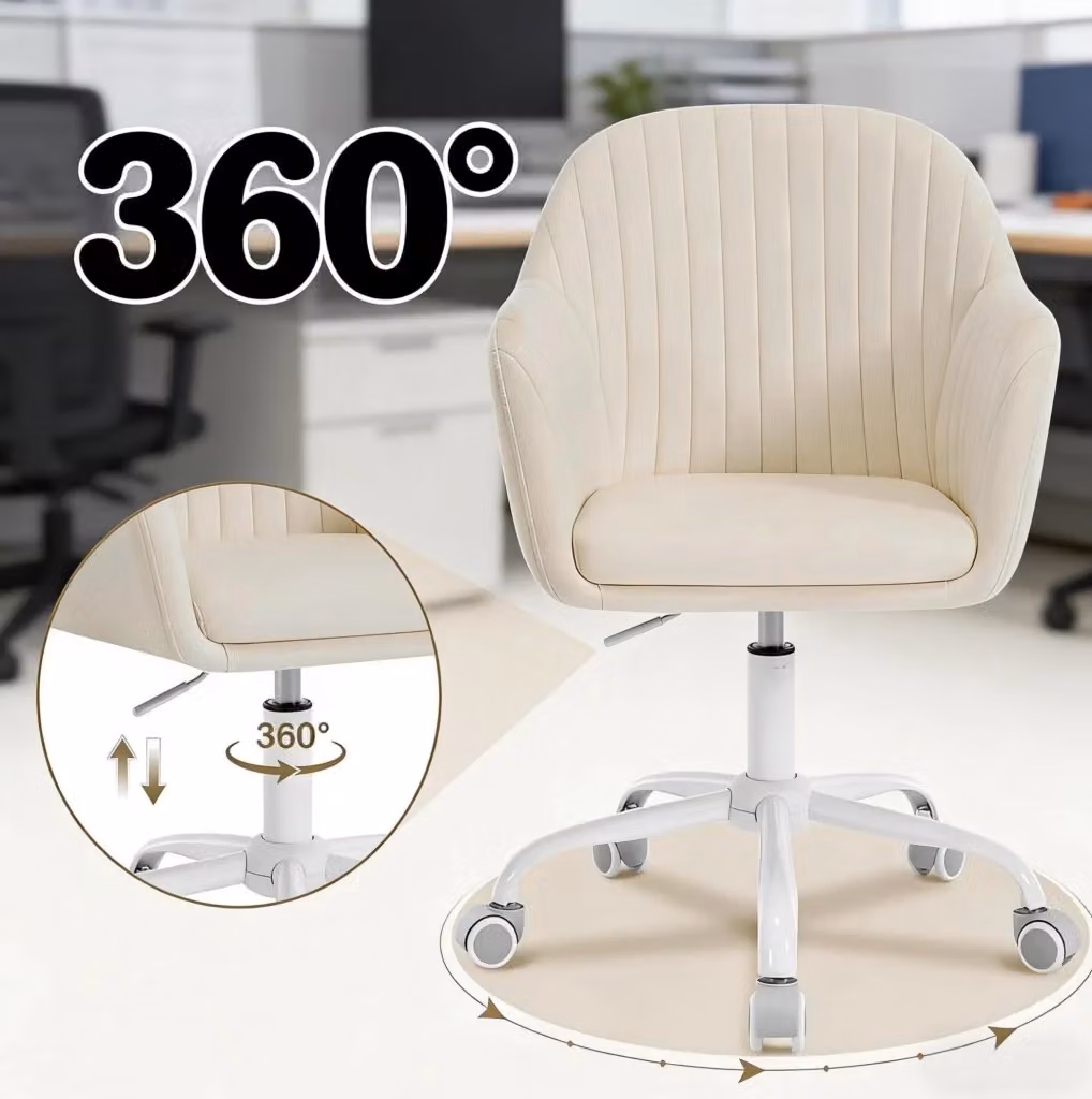 Sedia da ufficio ergonomica moderna in velluto beige con ruote girevoli e braccioli – 2
