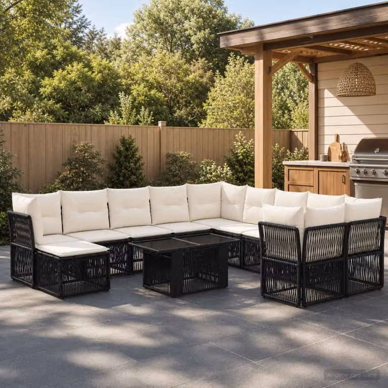 Set Divano da Giardino Moderno vidaXL 12 Pezzi in Polyrattan Nero con Cuscini e Tavolino da Esterno