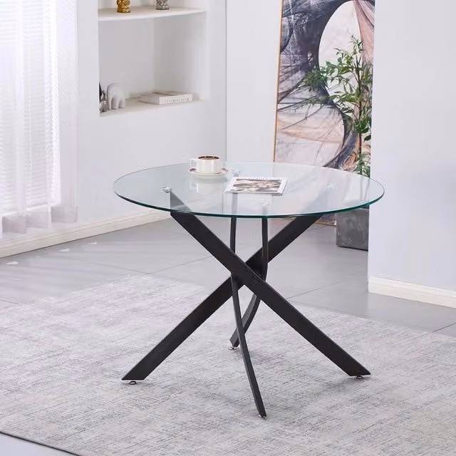 Tavolo da pranzo tondo fisso Peyton con piano in vetro temperato e gambe nere 100x100 cm.