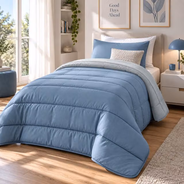 Trapunta invernale reversibile Warm Hugs in microfibra azzurra per una piazza e mezza