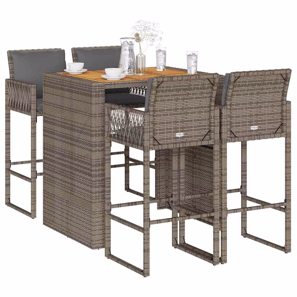 Set Bar da Giardino vidaXL in Polyrattan e Legno di Acacia con 5 Cuscini, Nero