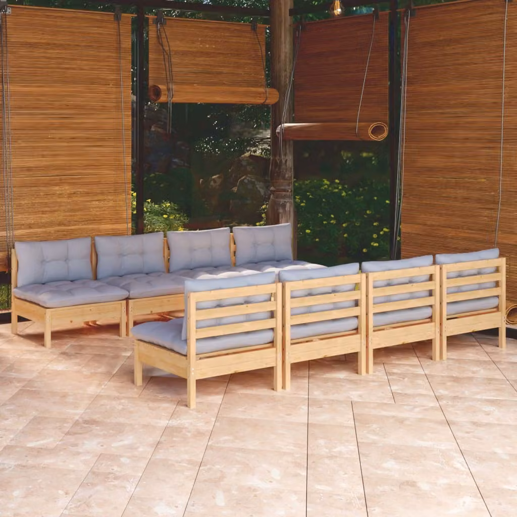 The Living Store Set da 9 pezzi per salotto da giardino con cuscini grigi in legno di pino massiccio