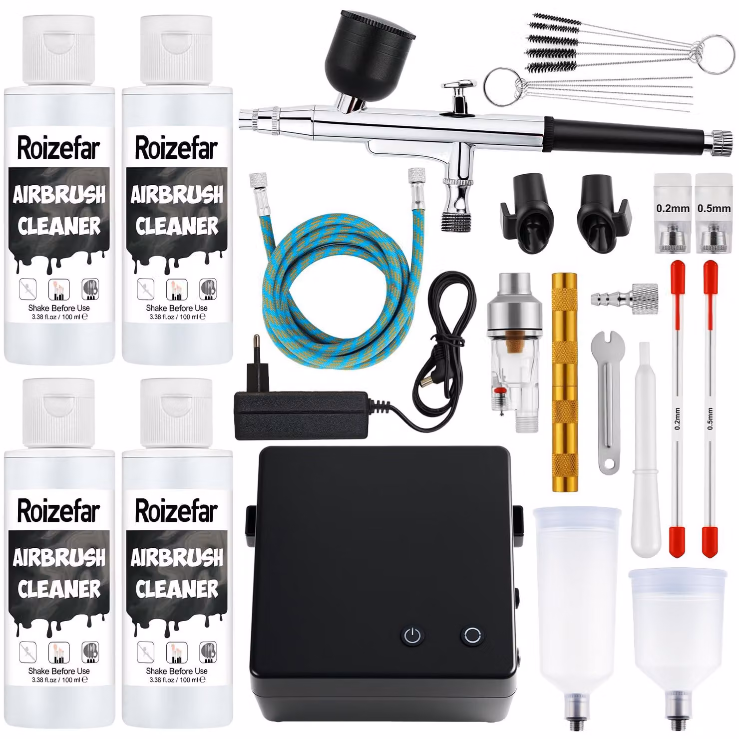 Kit per aerografo completo di compressore, con una pressione di 55 psi, ugelli da 0,2/0,3/0,5 mm e 4 flaconi da 100 ml di detergente