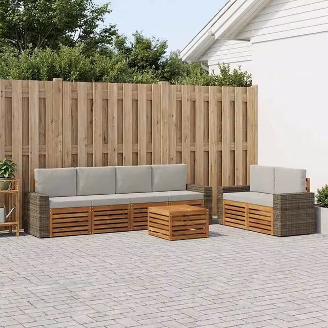 Set di divani da esterno 7 pezzi vidaXL in legno di acacia con cuscini beige e grigio – 1