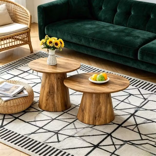 Set 2 Tavolini Rotondi in MDF Effetto Legno Naturale, H 50x48 cm e 60x35 cm, Base Stabile, per Soggiorno e Lounge
