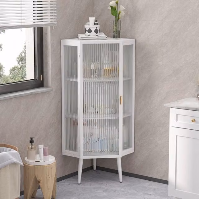 Armadietto angolare per bagno Minimal bianco con ante in vetro temperato e ripiani interni – 1