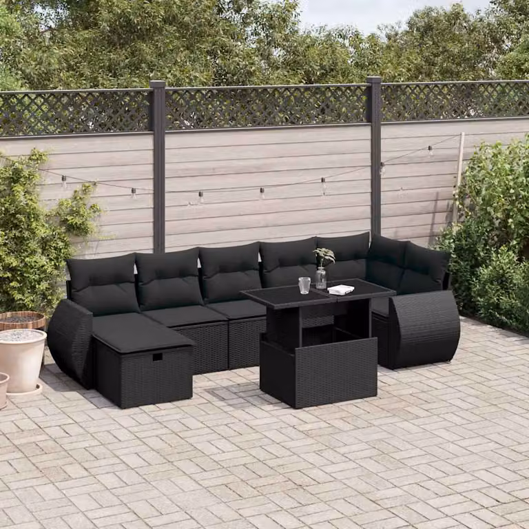 vidaXL Set Divani da Giardino a L in Polyrattan Nero con 8 Cuscini e Tavolino