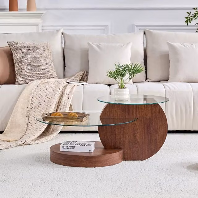 Tavolino da caffè rotondo WISHDOR con piano in vetro trasparente e struttura in MDF marrone lucido design minimalista